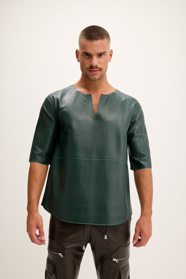 Men's Lambskin Leather V-Neck Shirt - Green | Ron Tomson