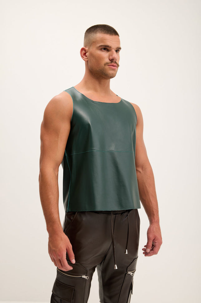 Men's Lambskin Leather Tank Top - Green | Ron Tomson