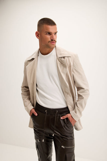 Men's Lambskin Suede Peacoat - Stone | Ron Tomson