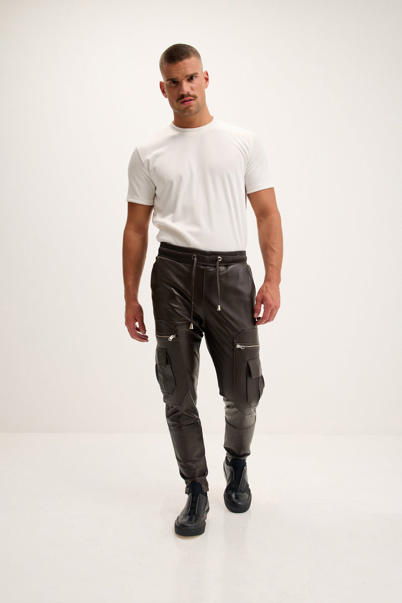 Men's Nappa Lambskin Jogger Pants - Dark Brown | Ron Tomson