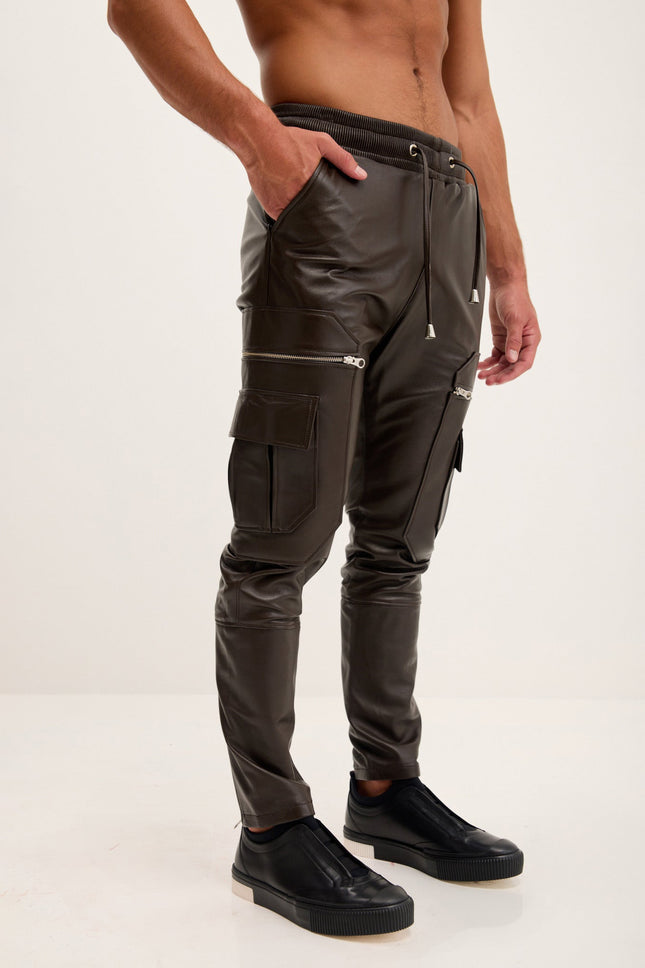 Men's Nappa Lambskin Jogger Pants - Dark Brown | Ron Tomson