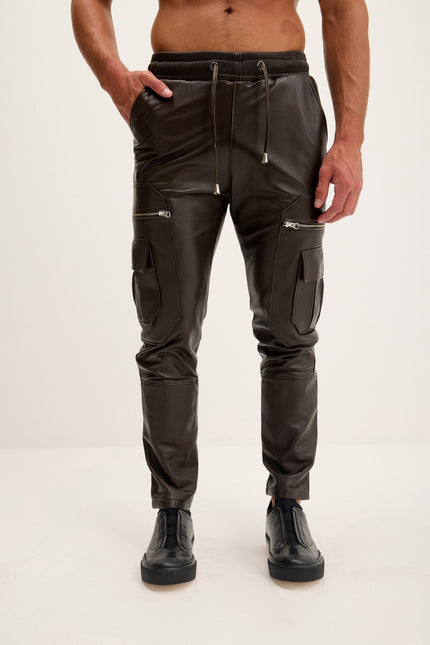 Men's Nappa Lambskin Jogger Pants - Dark Brown | Ron Tomson