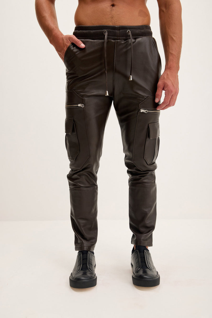 Men's Nappa Lambskin Jogger Pants - Dark Brown | Ron Tomson