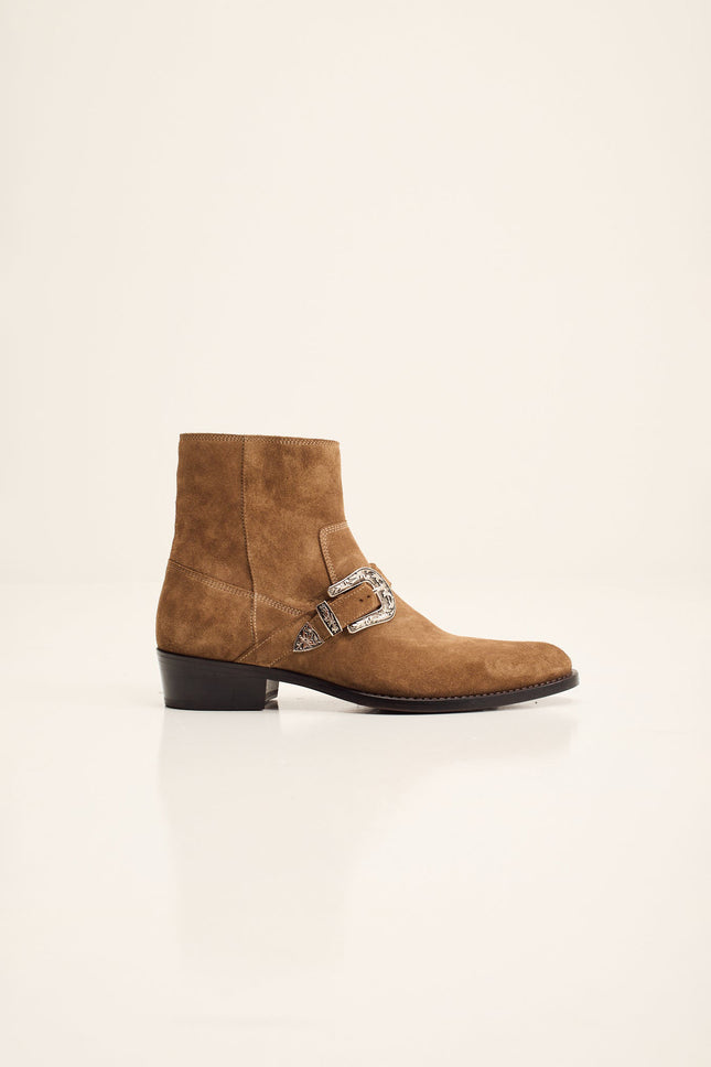 Men's Nubuck Monk Strap Ankle Boots - Tan | Ron Tomson