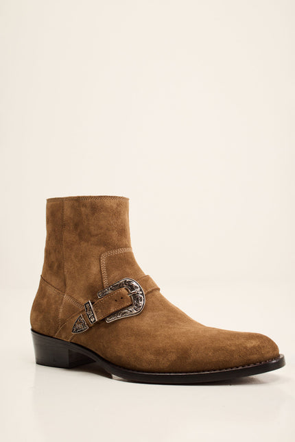 Men's Nubuck Monk Strap Ankle Boots - Tan | Ron Tomson