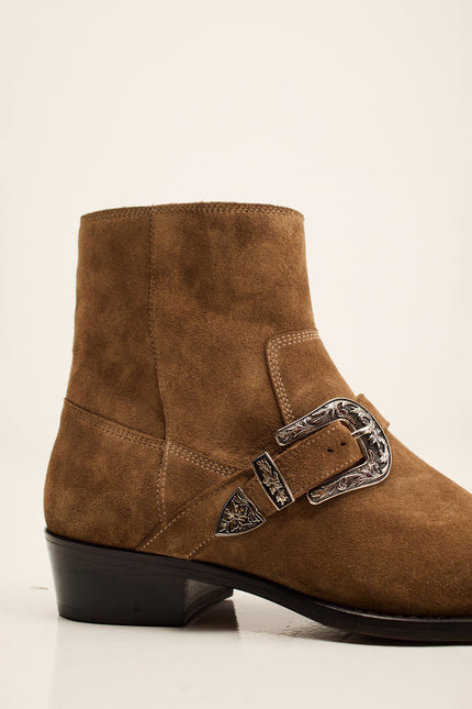 Men's Nubuck Monk Strap Ankle Boots - Tan | Ron Tomson