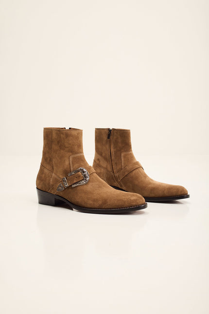 Men's Nubuck Monk Strap Ankle Boots - Tan | Ron Tomson