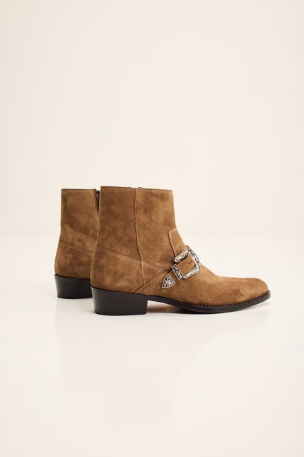 Men's Nubuck Monk Strap Ankle Boots - Tan | Ron Tomson