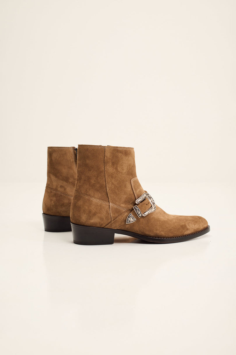 Men's Nubuck Monk Strap Ankle Boots - Tan | Ron Tomson