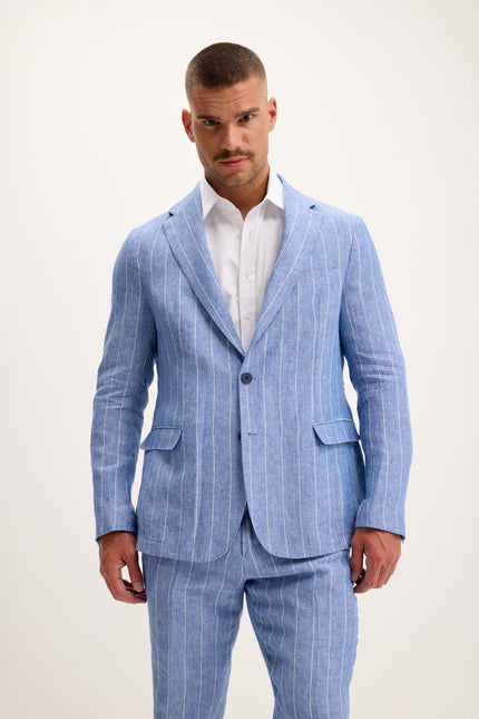 Men's Pinstripe Linen Single-Breasted Suit - Blue | Ron Tomson