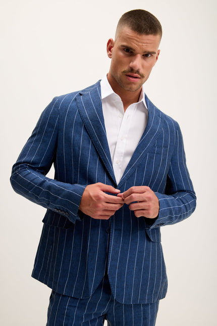 Men's Pinstripe Linen Single-Breasted Suit - Navy | Ron Tomson