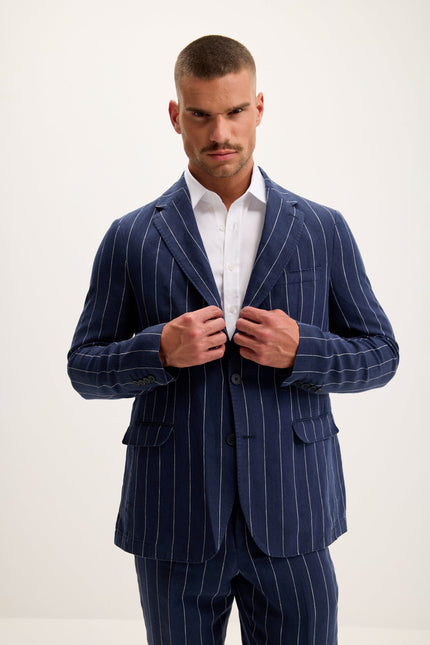 Men's Pinstripe Linen Single-Breasted Suit - Navy | Ron Tomson