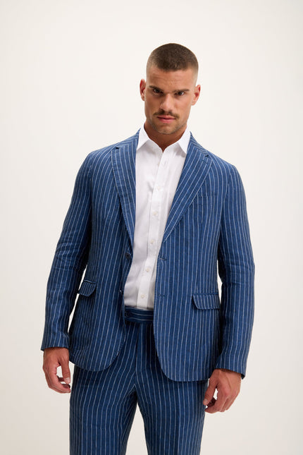 Men's Pinstripe Linen Single-Breasted Suit - Navy | Ron Tomson