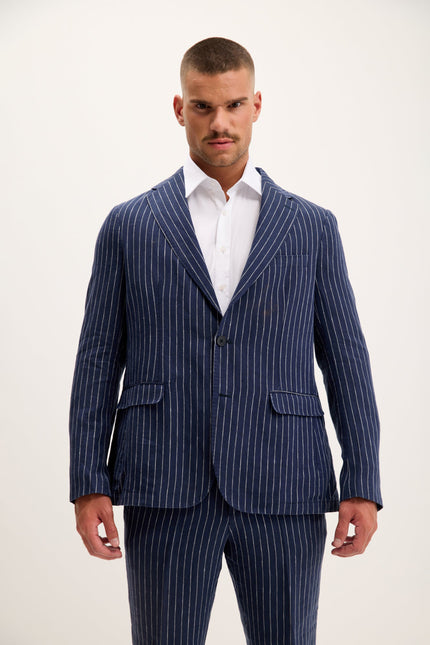Men's Pinstripe Linen Single-Breasted Suit - Dark Navy | Ron Tomson