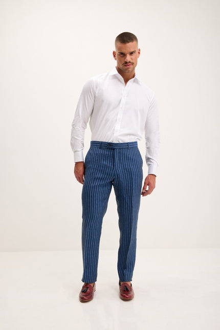 Men's Pinstripe Linen Single-Breasted Suit - Navy | Ron Tomson