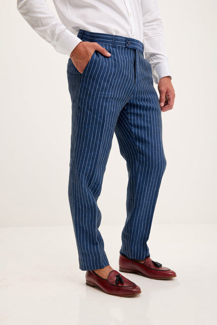 Men's Pinstripe Linen Single-Breasted Suit - Navy | Ron Tomson
