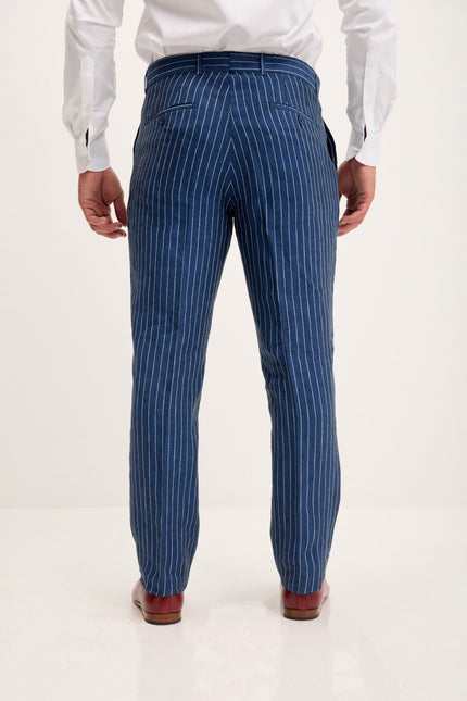 Men's Pinstripe Linen Single-Breasted Suit - Navy | Ron Tomson