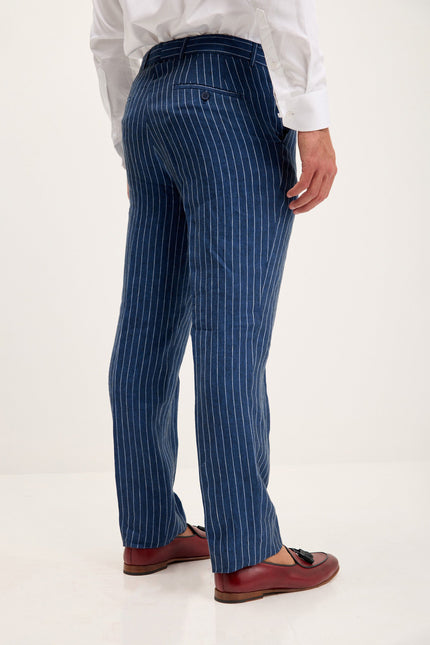 Men's Pinstripe Linen Single-Breasted Suit - Navy | Ron Tomson