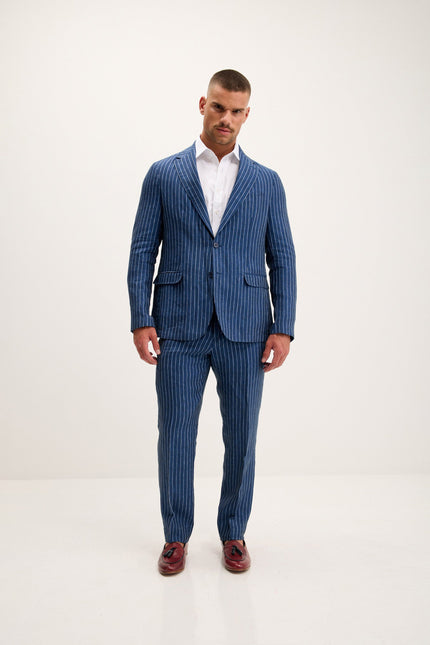 Men's Pinstripe Linen Single-Breasted Suit - Navy | Ron Tomson