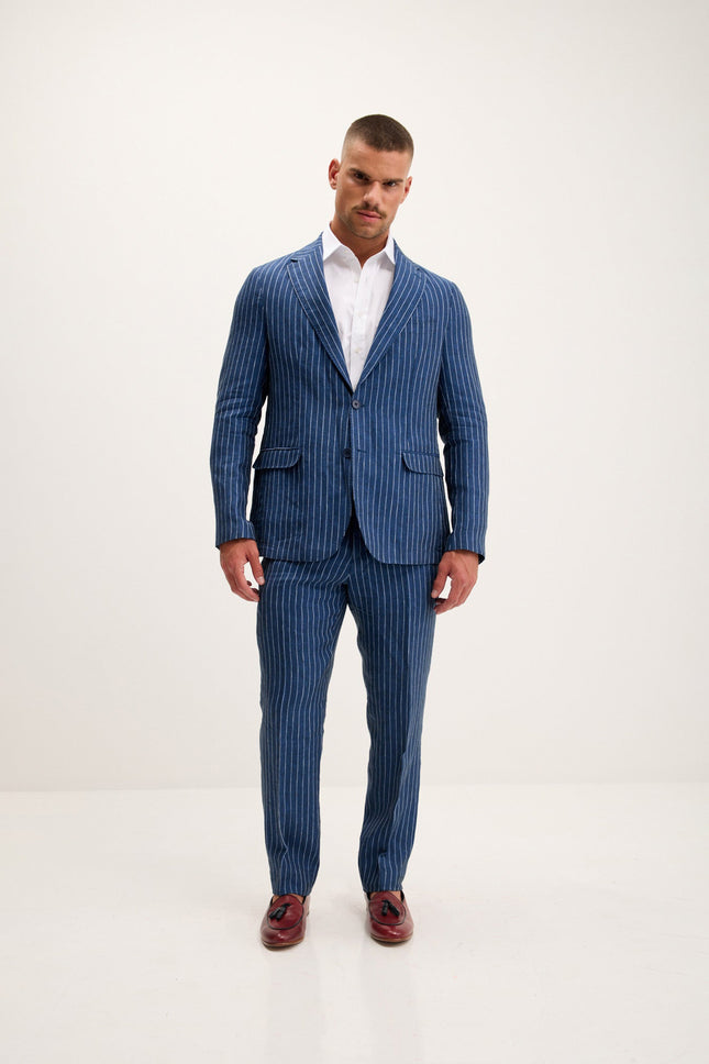 Pinstripe Linen Single-Breasted Suit - Navy