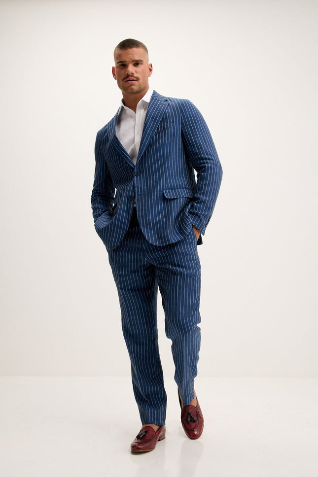 Pinstripe Linen Single-Breasted Suit - Navy
