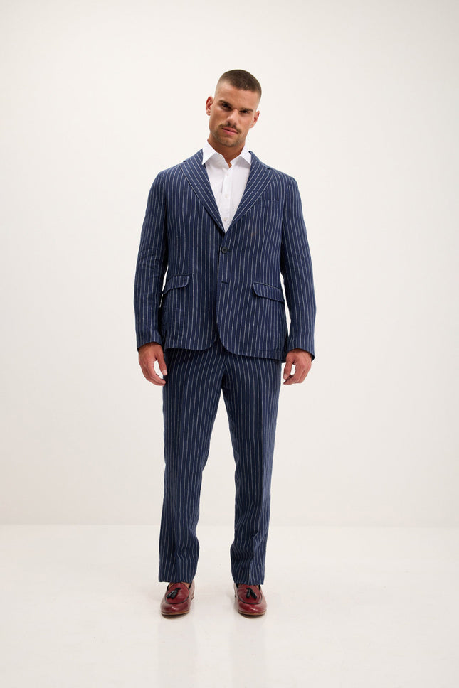 Pinstripe Linen Single-Breasted Suit - Dark Navy