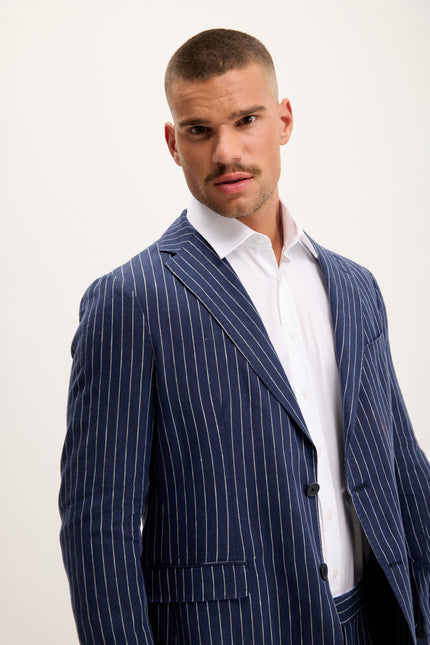 Men's Pinstripe Linen Single-Breasted Suit - Dark Navy | Ron Tomson