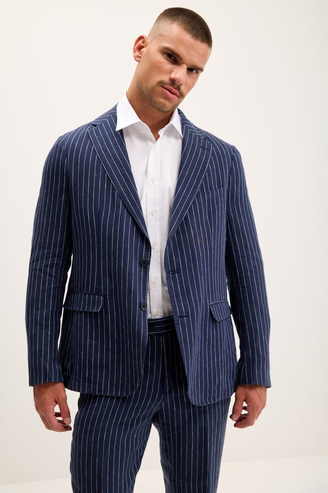 Pinstripe Linen Single-Breasted Suit - Dark Navy