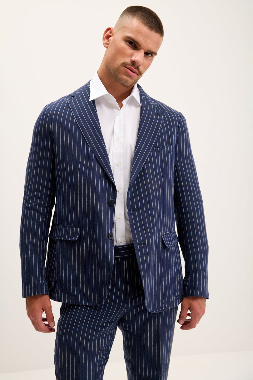 Men's Pinstripe Linen Single-Breasted Suit - Dark Navy | Ron Tomson