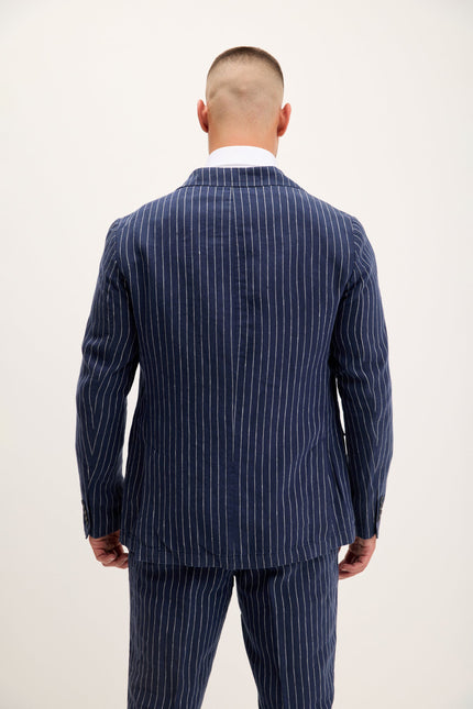 Men's Pinstripe Linen Single-Breasted Suit - Dark Navy | Ron Tomson
