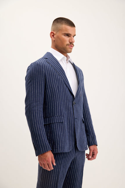 Men's Pinstripe Linen Single-Breasted Suit - Dark Navy | Ron Tomson