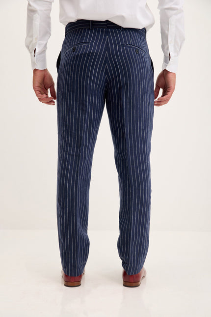 Men's Pinstripe Linen Single-Breasted Suit - Dark Navy | Ron Tomson