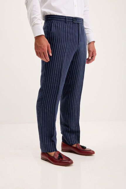Men's Pinstripe Linen Single-Breasted Suit - Dark Navy | Ron Tomson