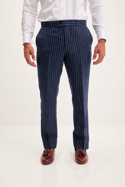 Men's Pinstripe Linen Single-Breasted Suit - Dark Navy | Ron Tomson