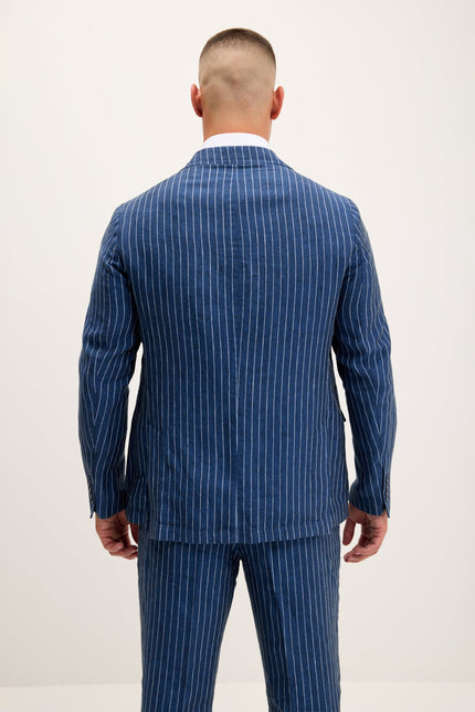 Men's Pinstripe Linen Single-Breasted Suit - Navy | Ron Tomson