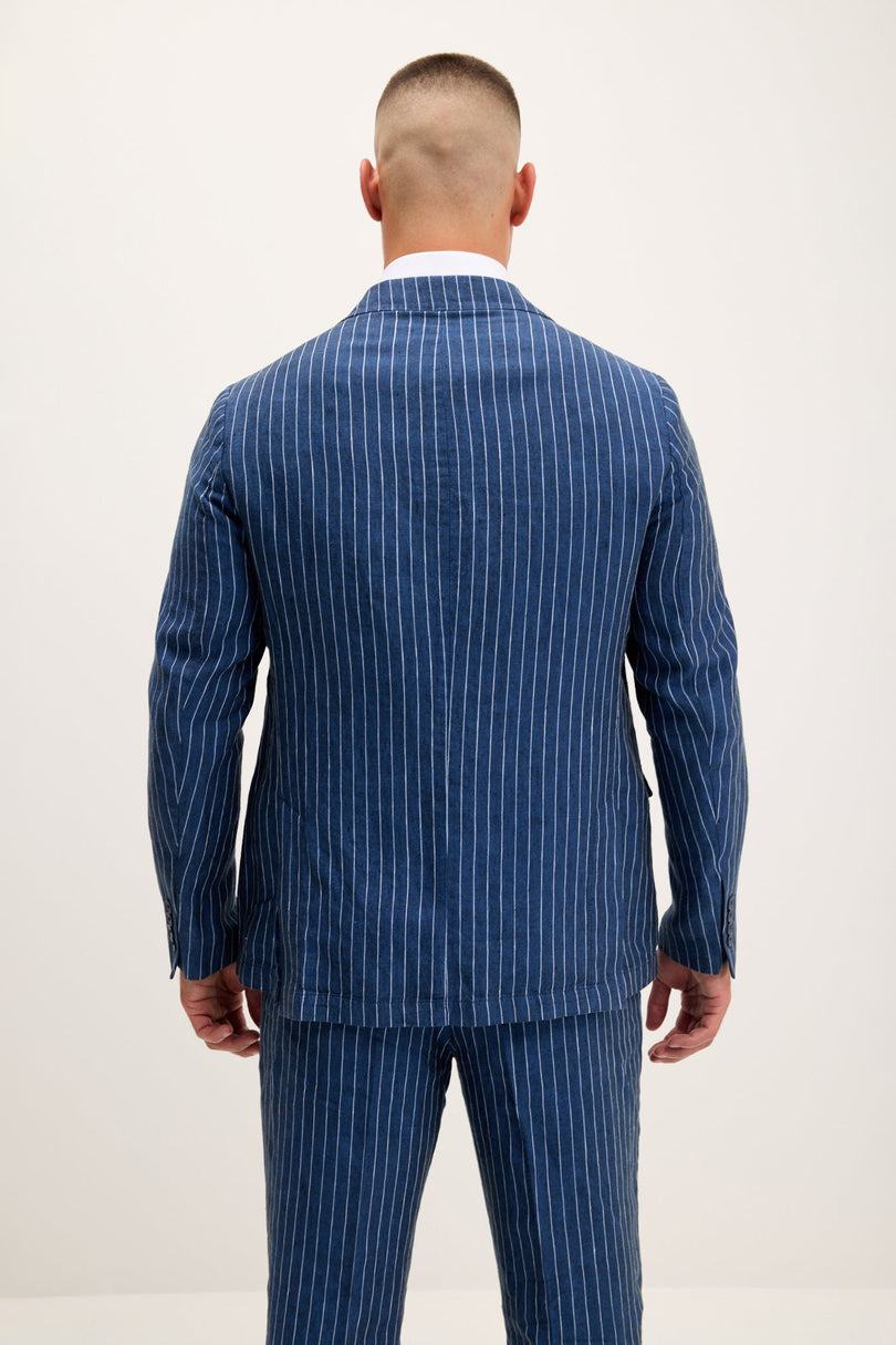 Men's Pinstripe Linen Single-Breasted Suit - Navy | Ron Tomson