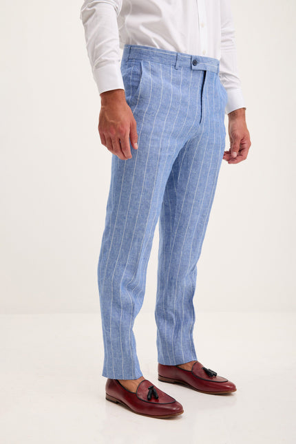 Men's Pinstripe Linen Single-Breasted Suit - Blue | Ron Tomson