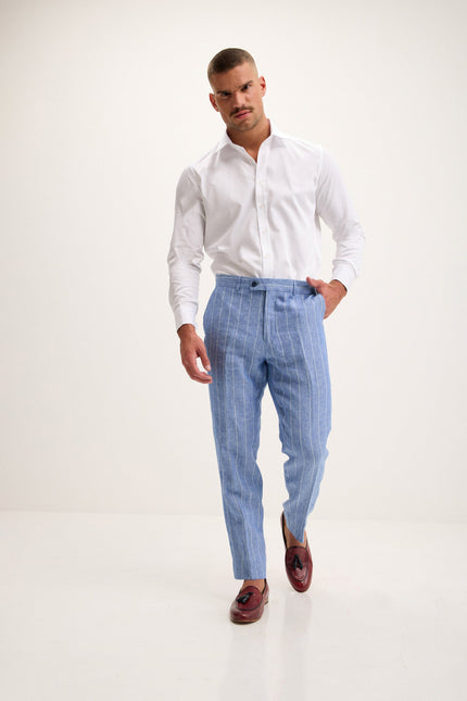 Men's Pinstripe Linen Single-Breasted Suit - Blue | Ron Tomson