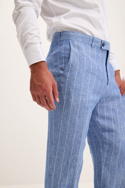 Men's Pinstripe Linen Single-Breasted Suit - Blue | Ron Tomson