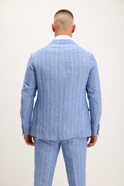 Men's Pinstripe Linen Single-Breasted Suit - Blue | Ron Tomson