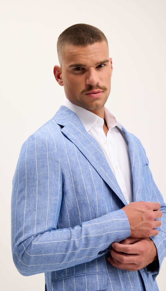 Pinstripe Linen Single-Breasted Suit - Blue