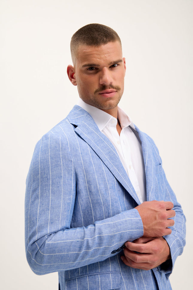 Pinstripe Linen Single-Breasted Suit - Blue