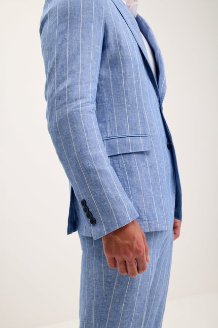 Men's Pinstripe Linen Single-Breasted Suit - Blue | Ron Tomson