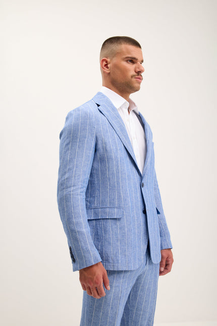 Men's Pinstripe Linen Single-Breasted Suit - Blue | Ron Tomson