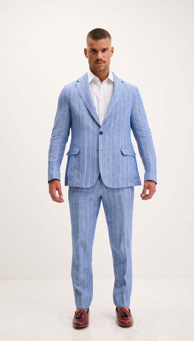 Pinstripe Linen Single-Breasted Suit - Blue