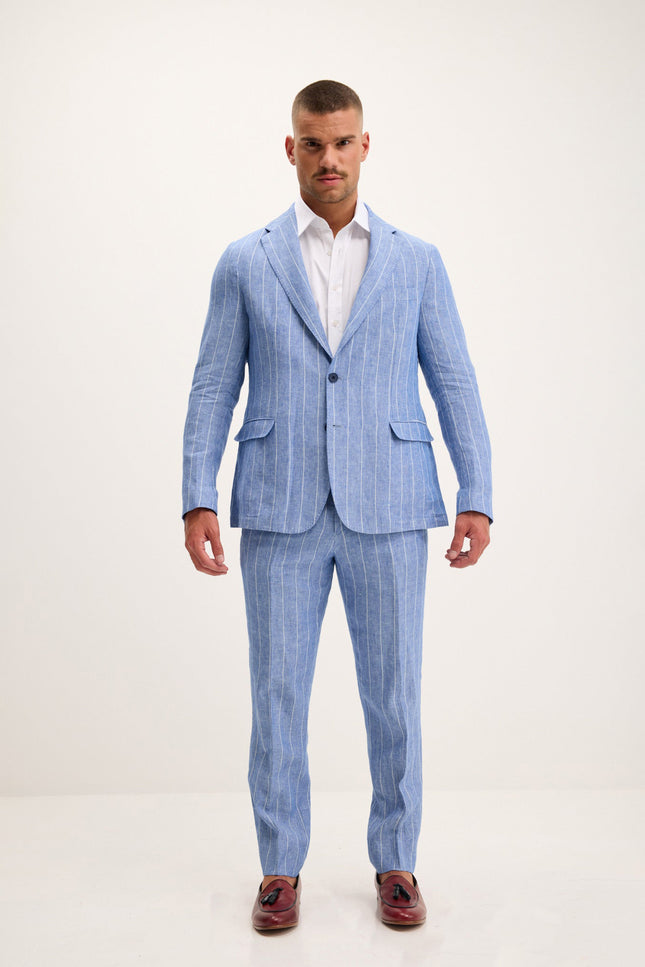 Pinstripe Linen Single-Breasted Suit - Blue