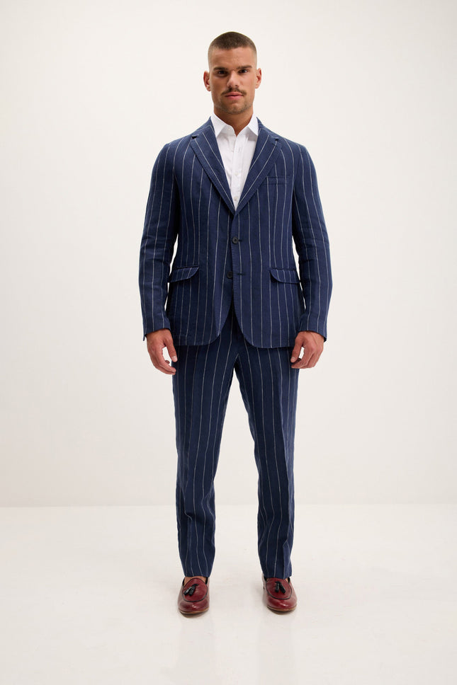 Pinstripe Linen Single-Breasted Suit - Navy