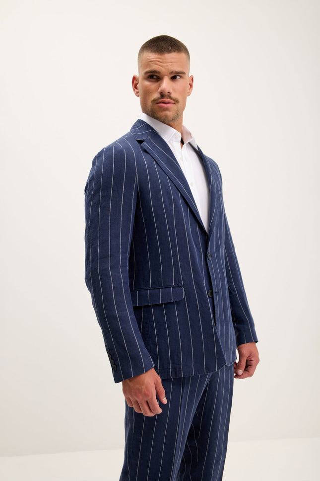 Pinstripe Linen Single-Breasted Suit - Navy