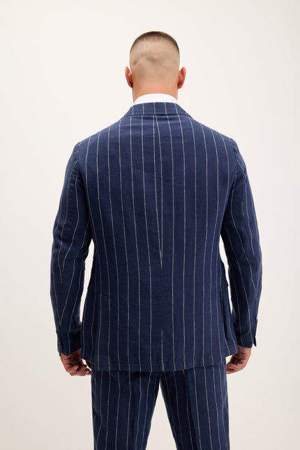 Men's Pinstripe Linen Single-Breasted Suit - Navy | Ron Tomson