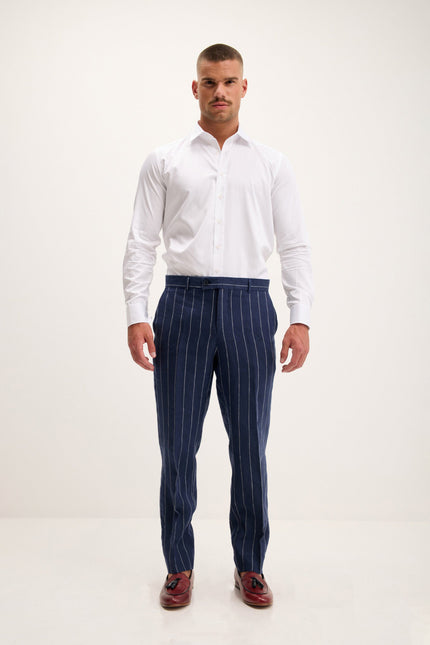 Men's Pinstripe Linen Single-Breasted Suit - Navy | Ron Tomson